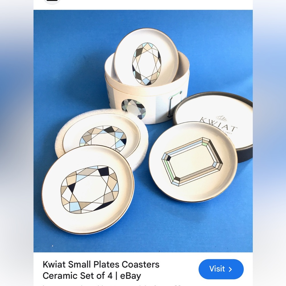 Kwiat Ceramic Small Plates Coasters Set - White and Blue - Diamond Shapes